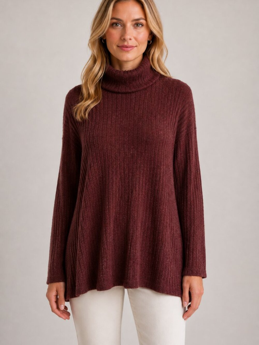 Primark XL Burgundy Ribbed Turtleneck Swing Tunic Sweater Long Sleeve